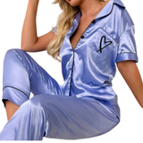 Ensemble de pyjama bleu à manches courtes en satin